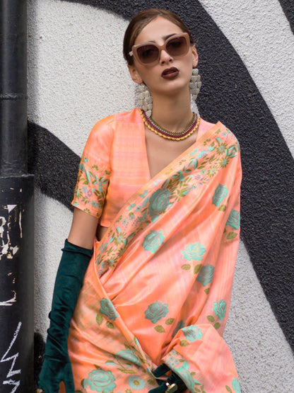 Women's Cotton Blend Peach Woven Design Designer Saree With Blouse Piece