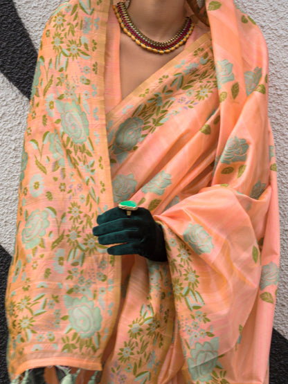 Women's Cotton Blend Peach Woven Design Designer Saree With Blouse Piece