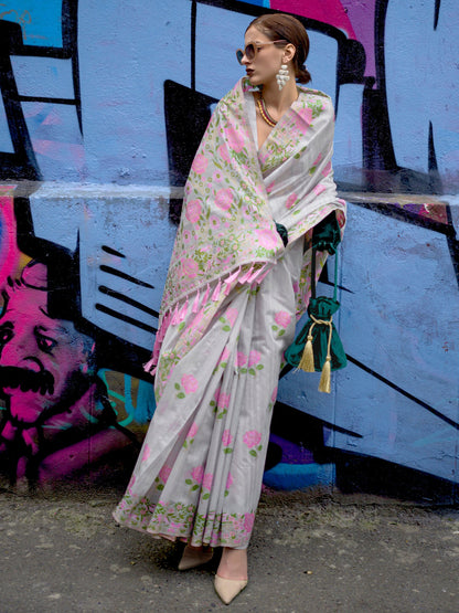 Women's Cotton Blend Grey Woven Design Designer Saree With Blouse Piece