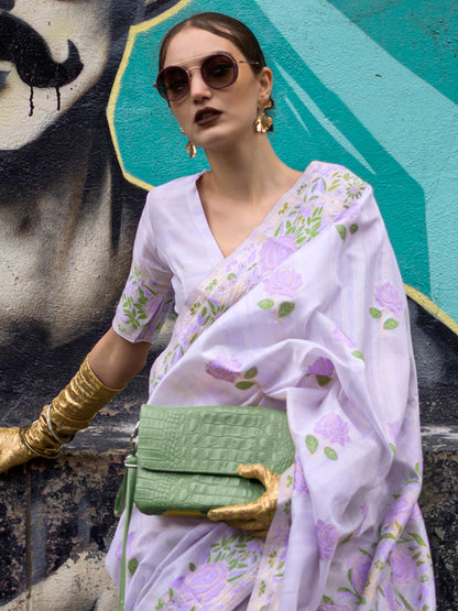 Women's Cotton Blend Lavendar Woven Design Designer Saree With Blouse Piece