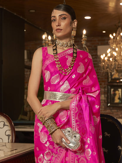 Women's Silk Blend Pink Woven Design Designer Saree With Blouse Piece