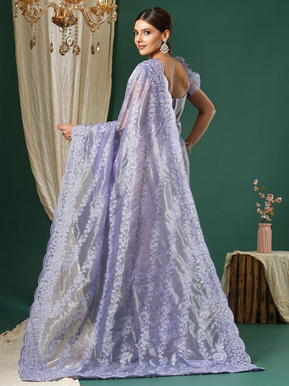 Women's Organza Lavendar Embroidered Designer Saree With Blouse Piece