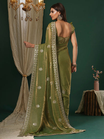 Women's Satin Silk Light Green Embroidered Designer Saree With Blouse Piece