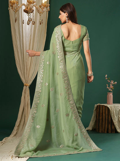 Women's Satin Silk Light Green Embroidered Designer Saree With Blouse Piece