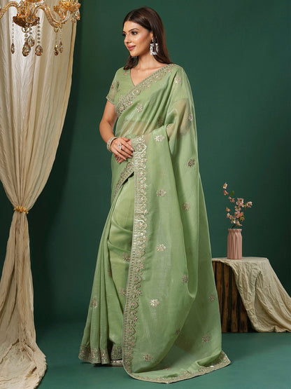 Women's Satin Silk Light Green Embroidered Designer Saree With Blouse Piece