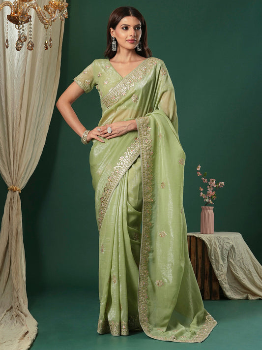 Women's Satin Silk Light Green Embroidered Designer Saree With Blouse Piece