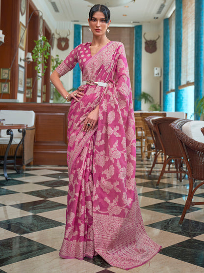 Women's Cotton Linen Pink Woven Design Designer Saree With Blouse Piece