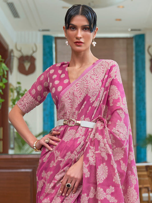 Women's Cotton Linen Pink Woven Design Designer Saree With Blouse Piece