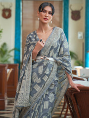 Women's Cotton Linen Charcoal Grey Woven Design Designer Saree With Blouse Piece