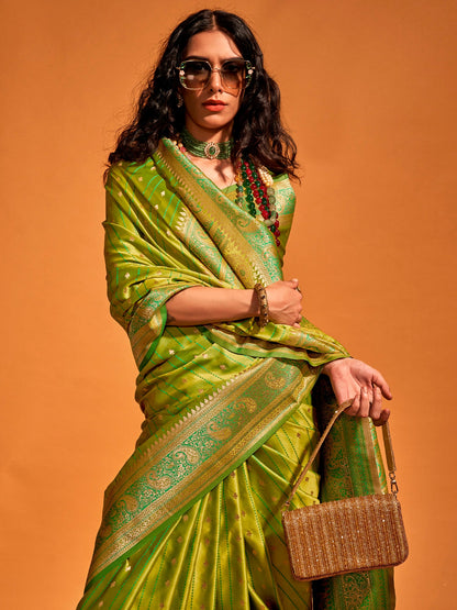 Women's Satin Silk Light Green Woven Design Designer Saree With Blouse Piece