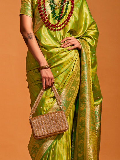 Women's Satin Silk Light Green Woven Design Designer Saree With Blouse Piece