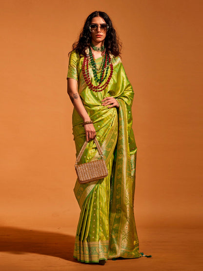 Women's Satin Silk Light Green Woven Design Designer Saree With Blouse Piece