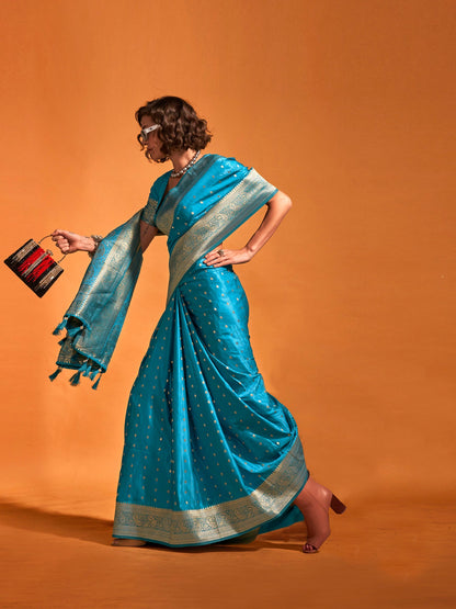 Women's Satin Silk Light Blue Woven Design Designer Saree With Blouse Piece