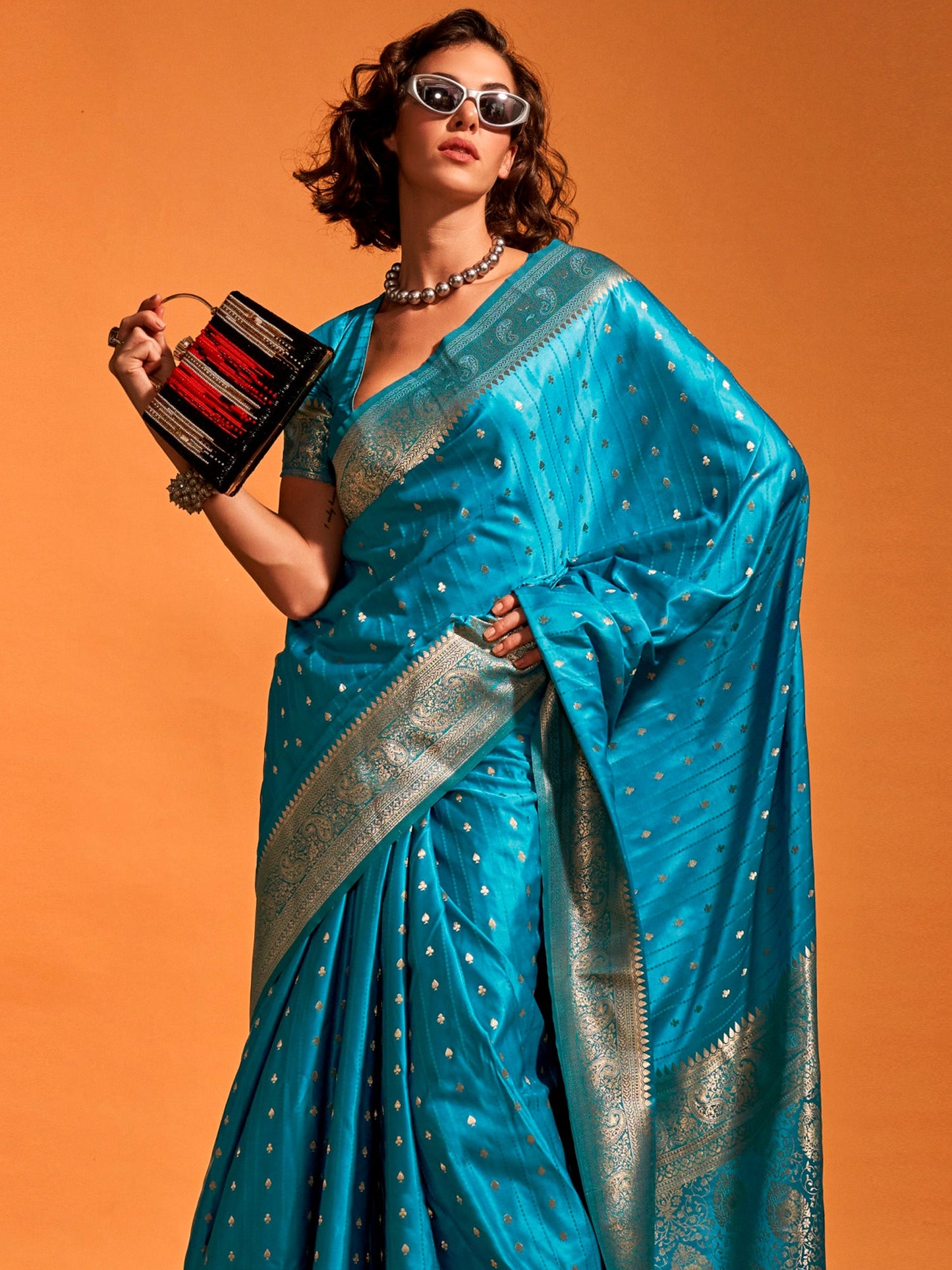 Women's Satin Silk Light Blue Woven Design Designer Saree With Blouse Piece