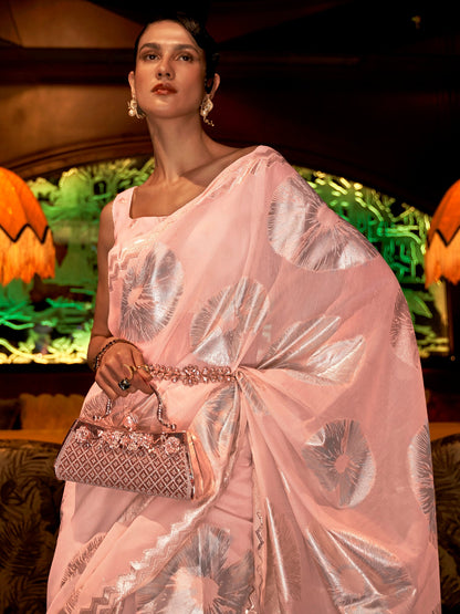Women's Modal Peach Woven Design Handloom Saree With Blouse Piece