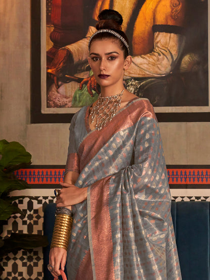 Women's Tissue Grey Woven Design Designer Saree With Blouse Piece