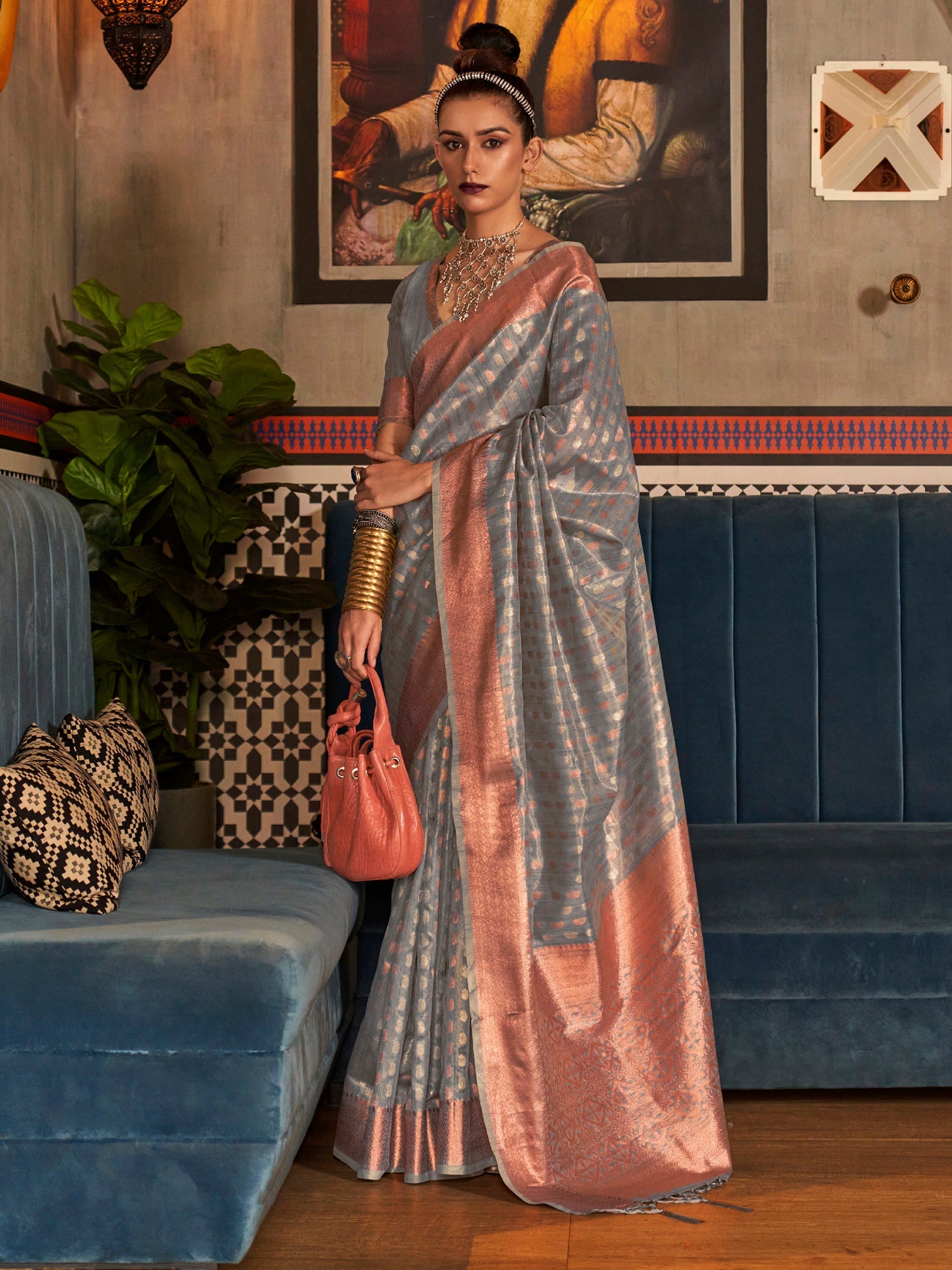 Women's Tissue Grey Woven Design Designer Saree With Blouse Piece