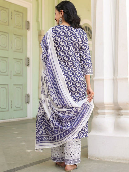 Dhiyona RR Women's Printed Pure Cotton Kurta with Trousers & With Dupatta