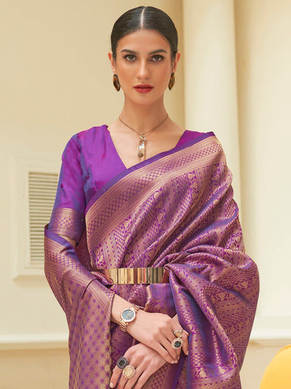Women's Silk Blend Purple Embroidered Woven saree With Blouse Piece