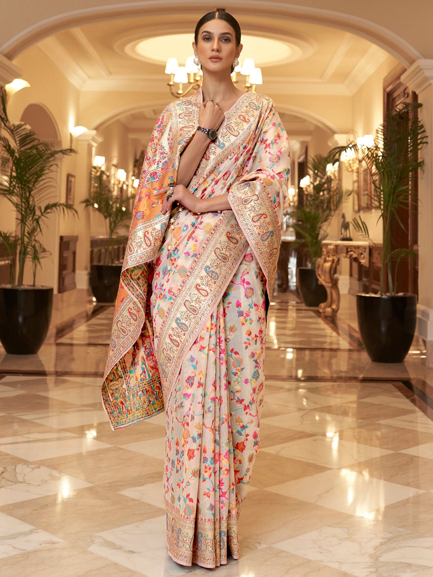 Women's Silk Blend Cream Woven Design Celebrity Saree With Blouse Piece