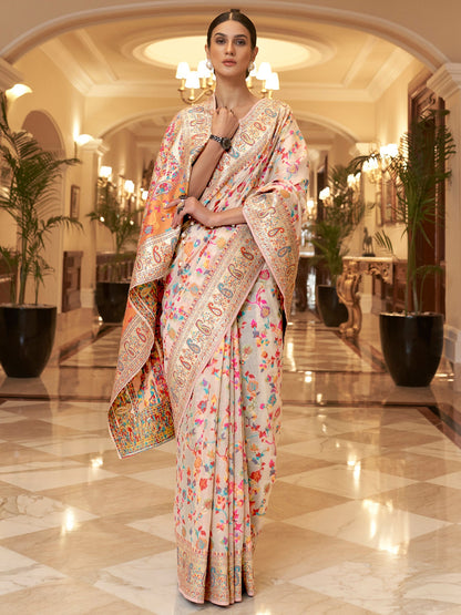 Women's Silk Blend Cream Woven Design Celebrity Saree With Blouse Piece