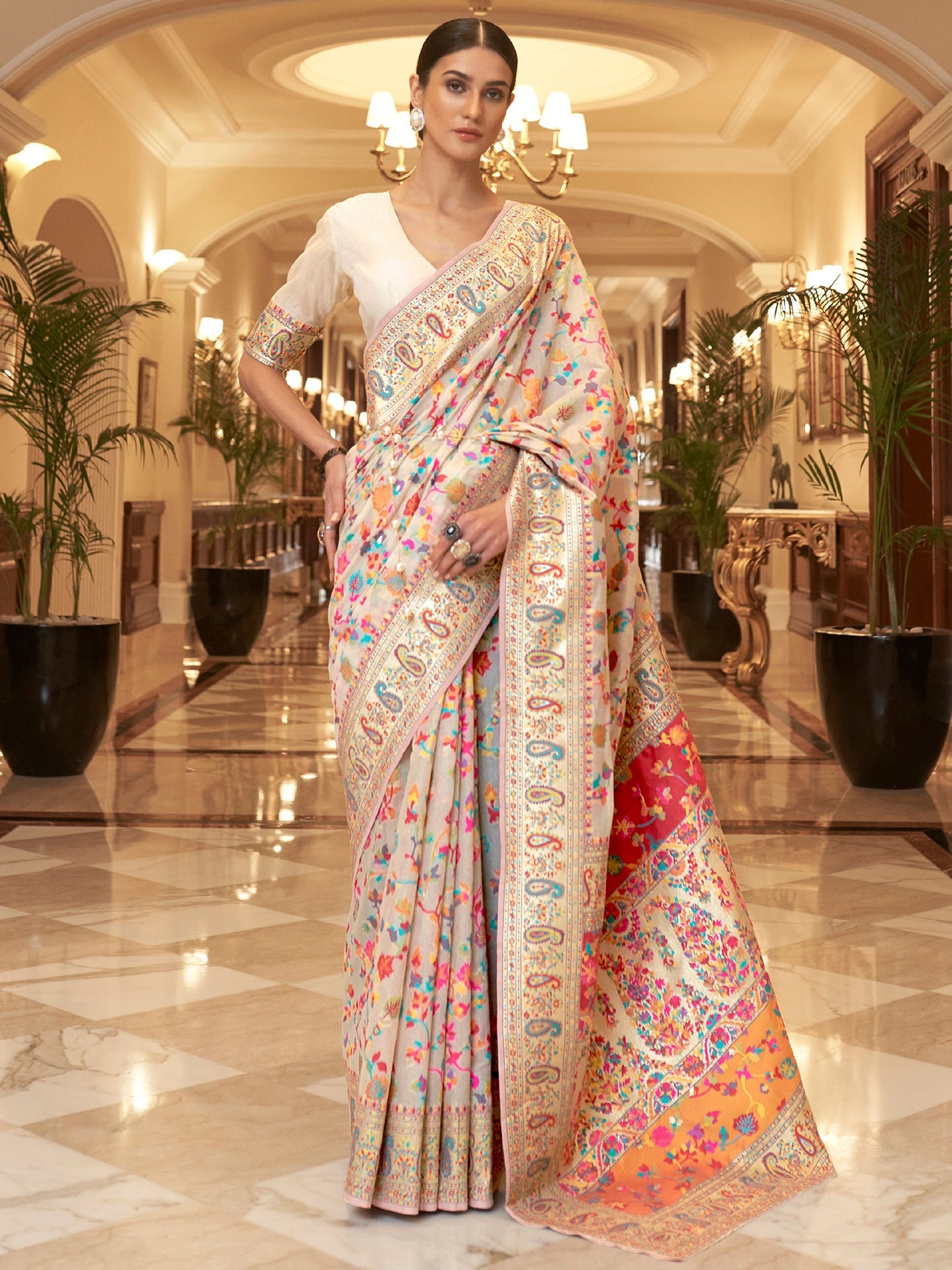Women's Silk Blend Cream Woven Design Celebrity Saree With Blouse Piece