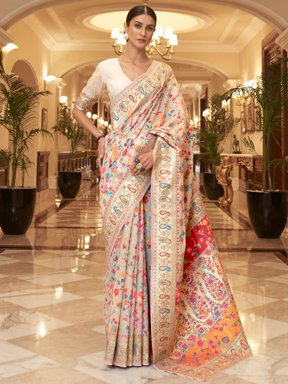 Women's Silk Blend Cream Woven Design Celebrity Saree With Blouse Piece