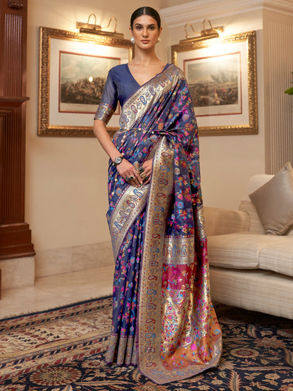 Women's Silk Blend Navy Blue Woven Design Celebrity Saree With Blouse Piece