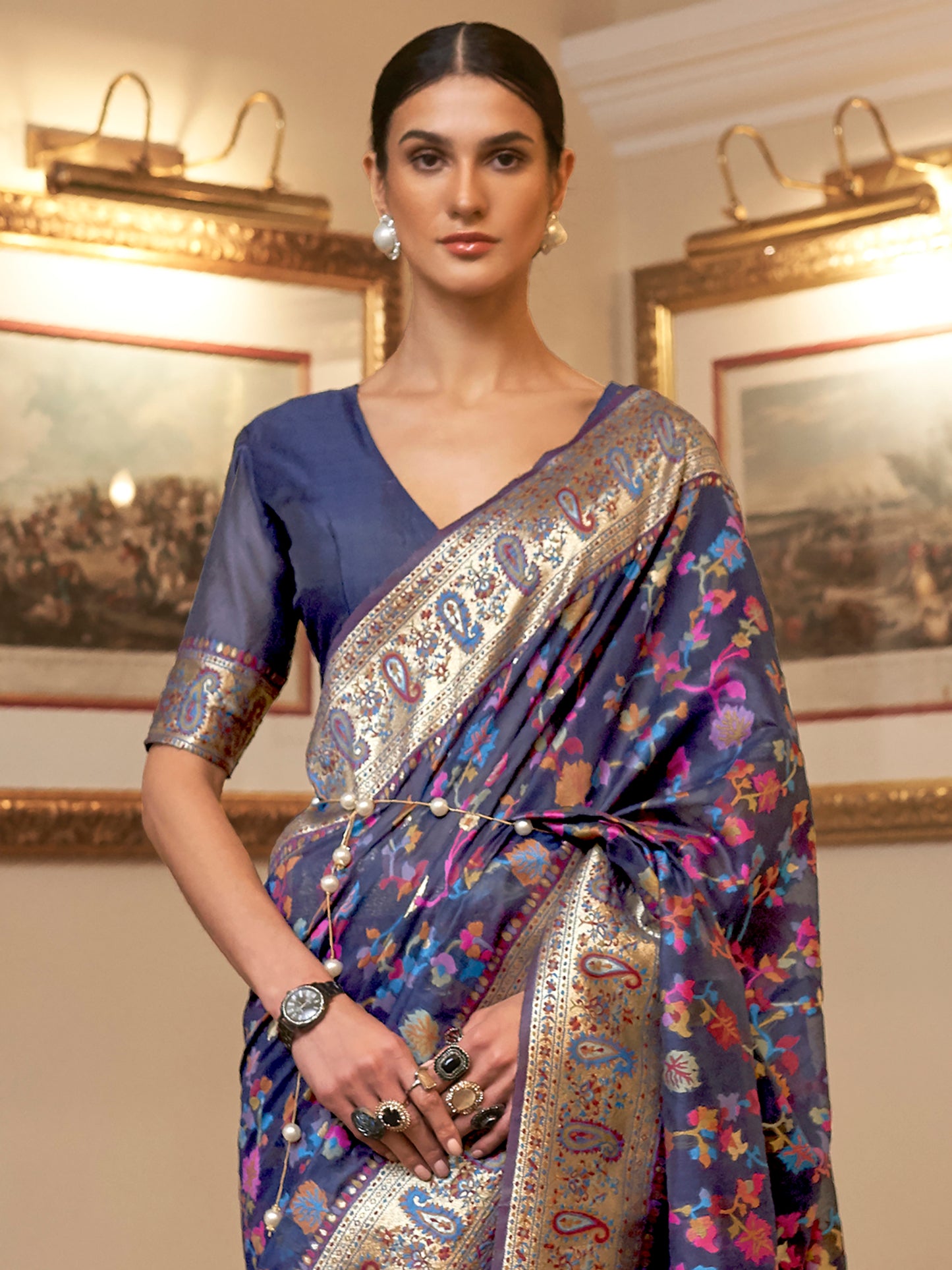 Women's Silk Blend Navy Blue Woven Design Celebrity Saree With Blouse Piece