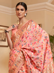 Women's Silk Blend Peach Woven Design Celebrity Saree With Blouse Piece