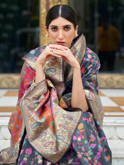 Women's Silk Blend Grey Woven Design Celebrity Saree With Blouse Piece