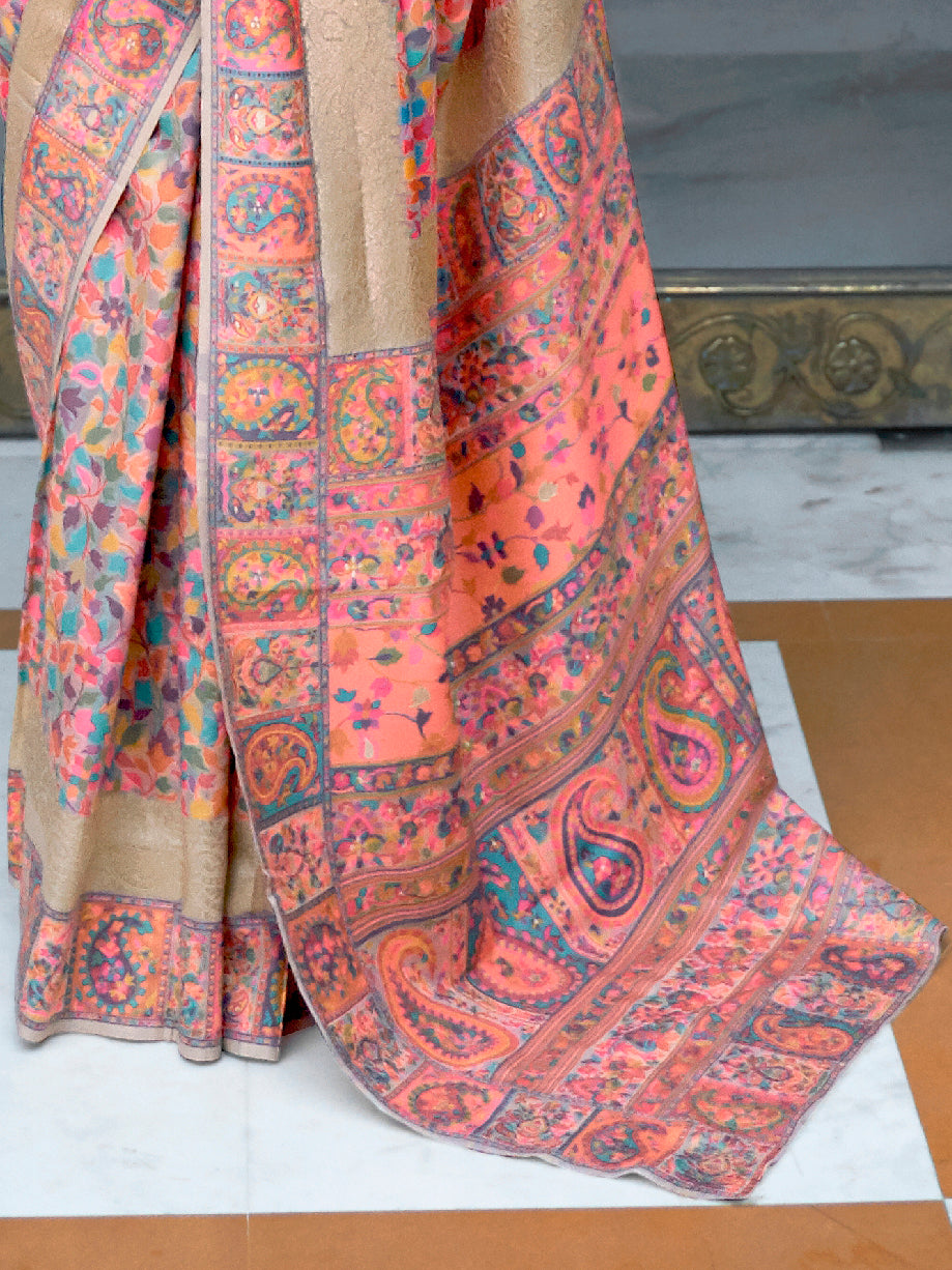 Women's Silk Blend Peach Woven Design Celebrity Saree With Blouse Piece