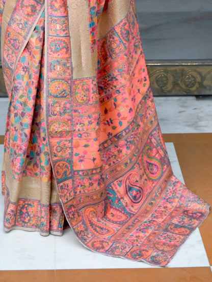 Women's Silk Blend Peach Woven Design Celebrity Saree With Blouse Piece