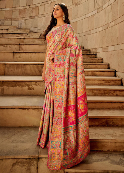 Women's Cotton Silk Beige Woven Design Designer Saree With Blouse Piece