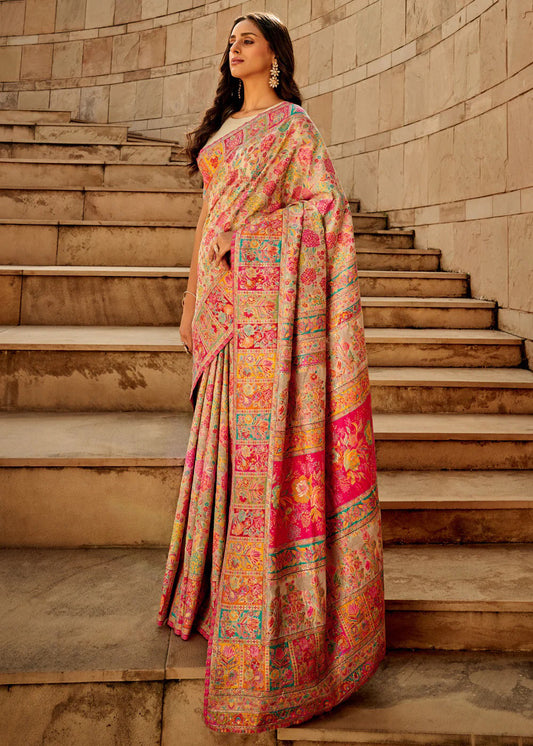 Women's Cotton Silk Beige Woven Design Designer Saree With Blouse Piece