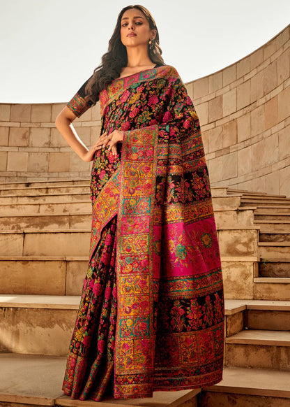 Women's Cotton Silk Black Woven Design Designer Saree With Blouse Piece
