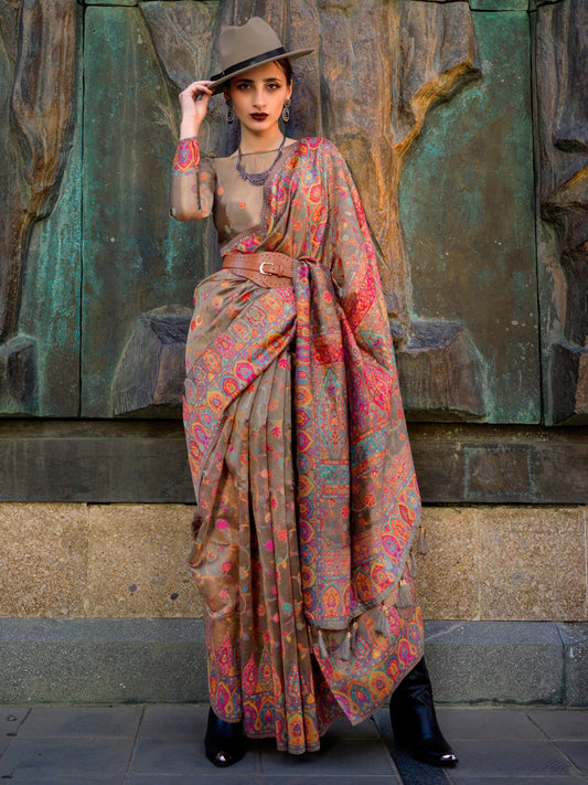 Women's Organza Brown Woven Design Designer Saree With Blouse Piece