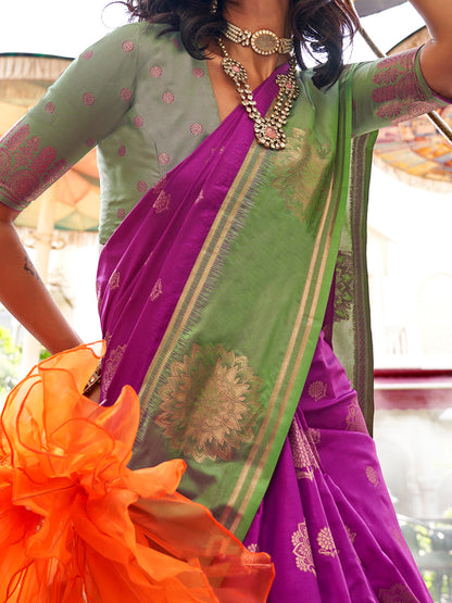 Women's Silk Blend Light Green Woven Design Designer Saree With Blouse Piece