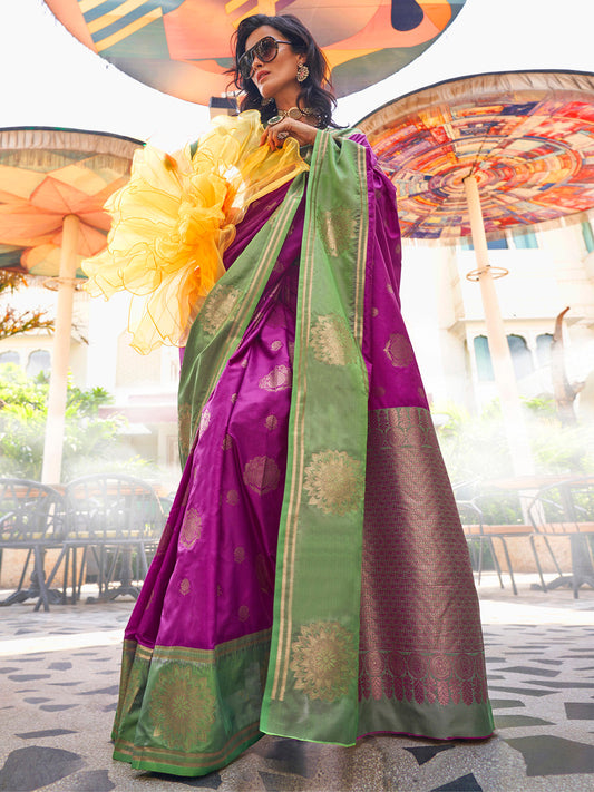 Women's Silk Blend Light Green Woven Design Designer Saree With Blouse Piece