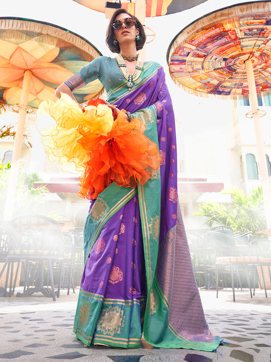 Women's Silk Blend light blue Woven Design Designer Saree With Blouse Piece