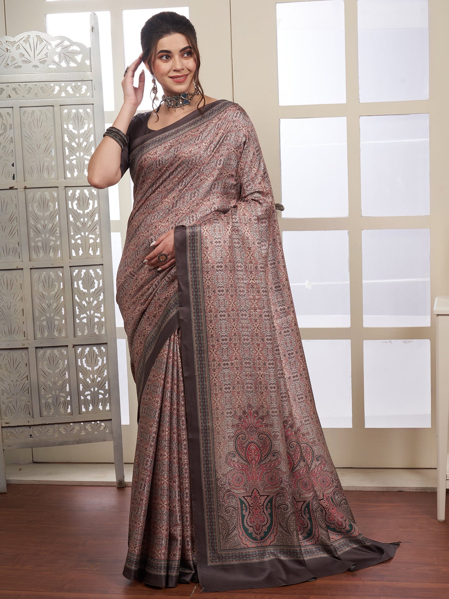 Women's Pashmina Silk Sea Green Digital Print Designer Saree With Blouse Piece