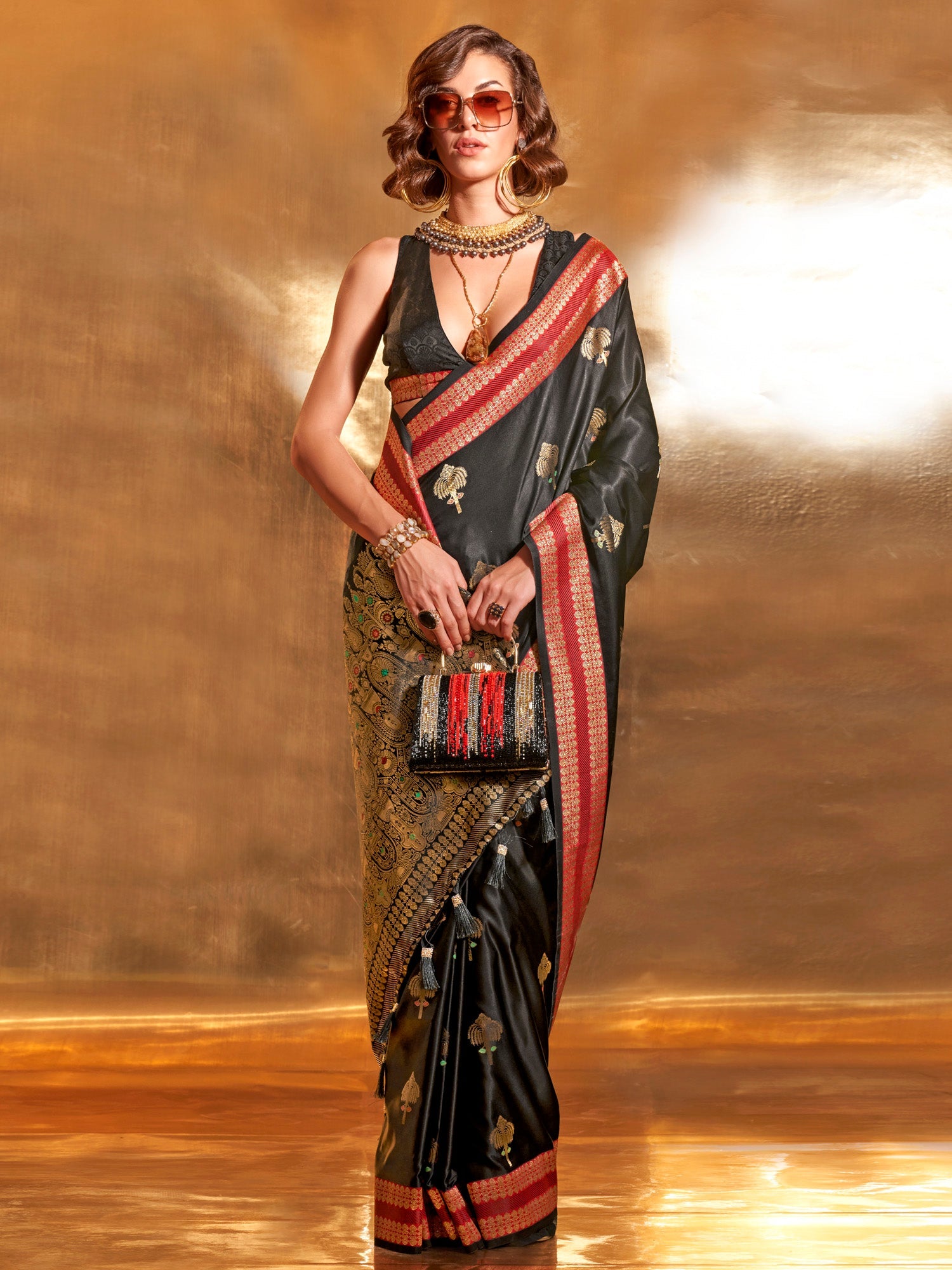 Women's Satin Silk Black Woven Design Designer Saree With Blouse Piece