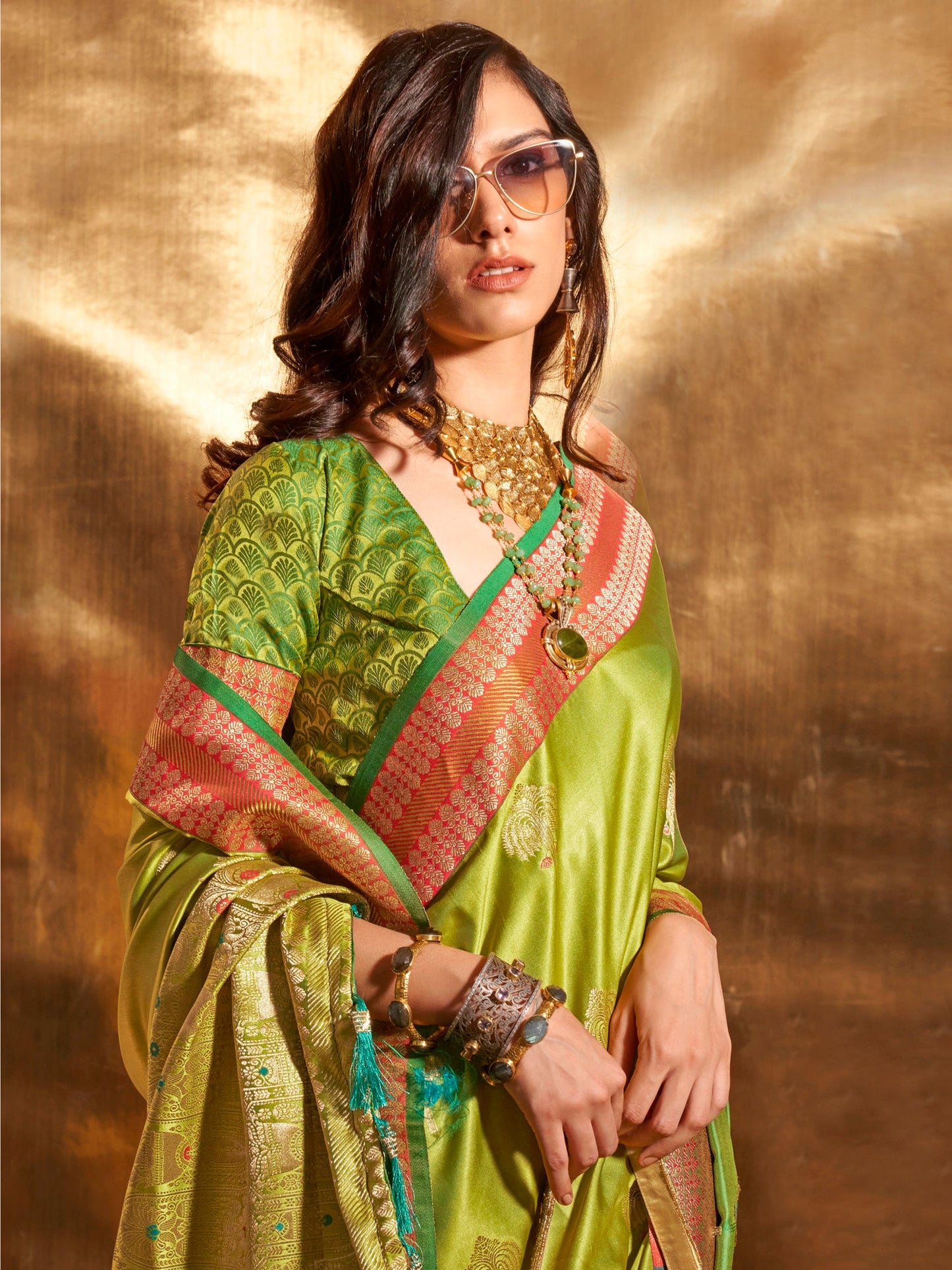 Women's Satin Silk Light Green Woven Design Designer Saree With Blouse Piece