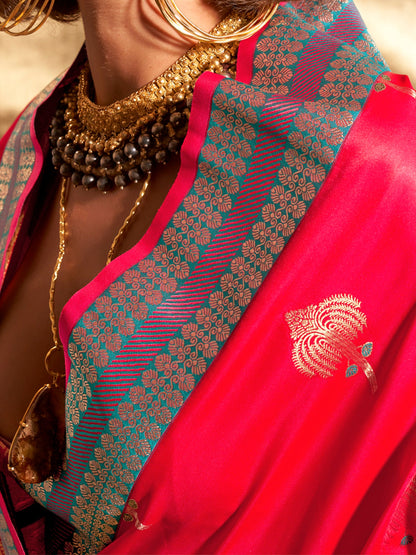Women's Satin Silk Pink Woven Design Designer Saree With Blouse Piece