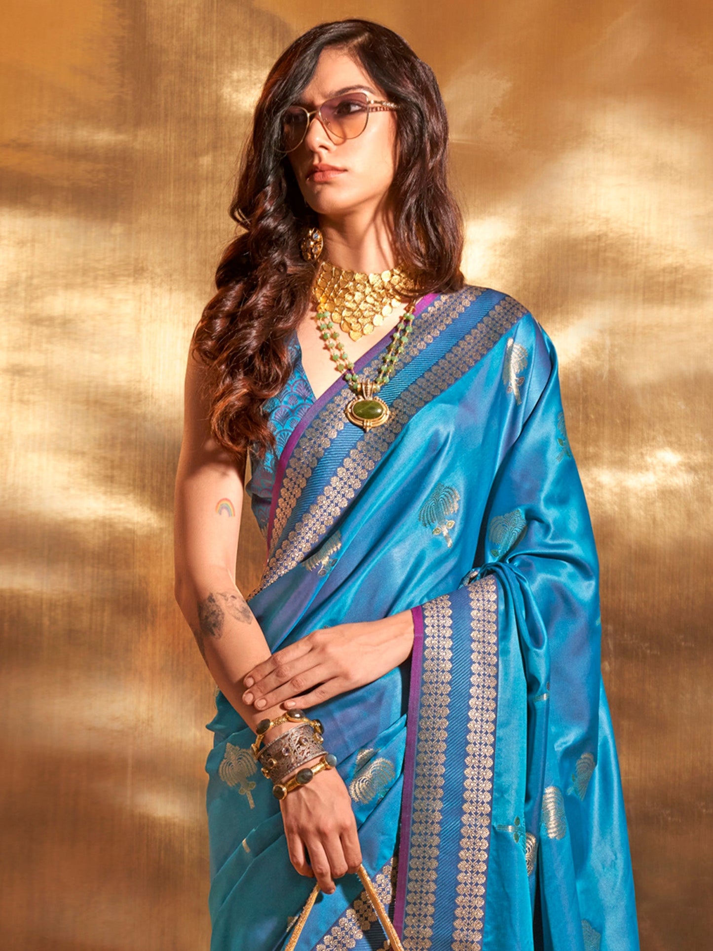 Women's Satin Silk Blue Woven Design Designer Saree With Blouse Piece