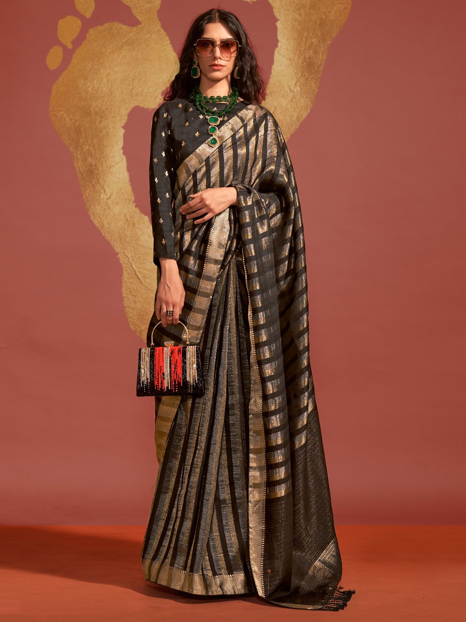 Women's Viscose Silk Black Woven Design Designer Saree With Blouse Piece