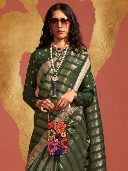 Women's Viscose Silk Green Woven Design Designer Saree With Blouse Piece