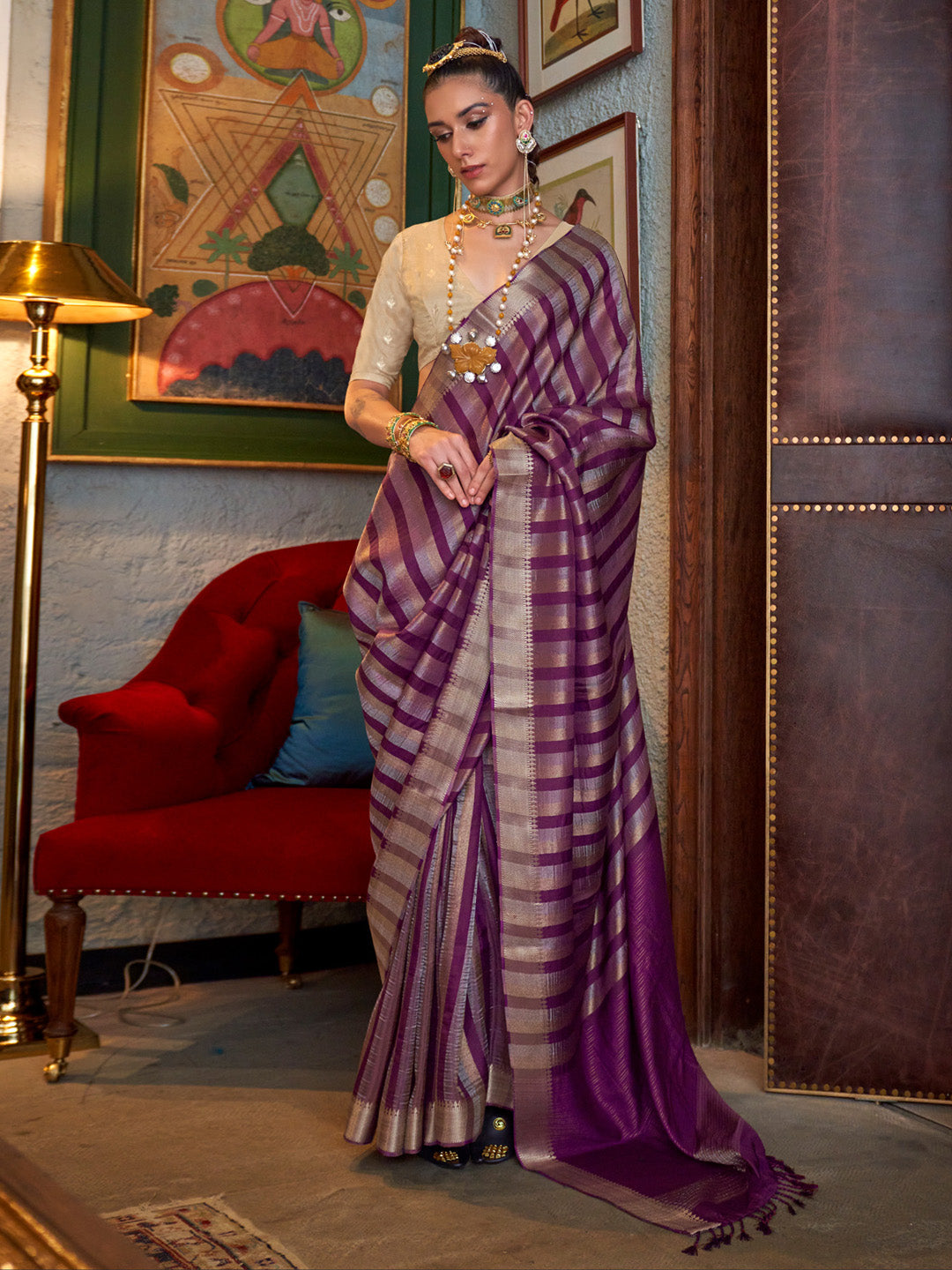 Women's Viscose Silk Cream Woven Design Designer Saree With Blouse Piece