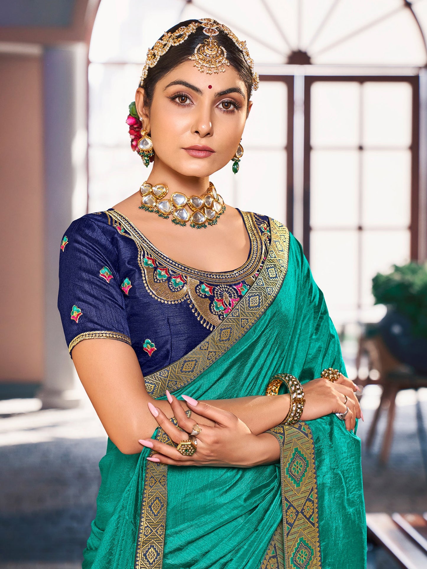 Women's Vichitra Silk Blue Embellished Celebrity Saree With Blouse Piece