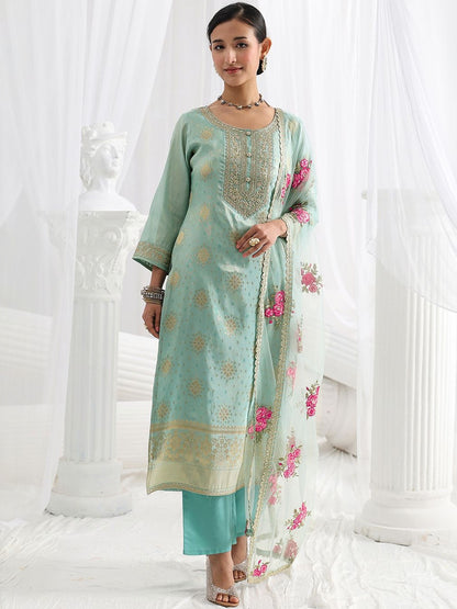 Women Regular Thread Work Kurta with Trousers & With Dupatta